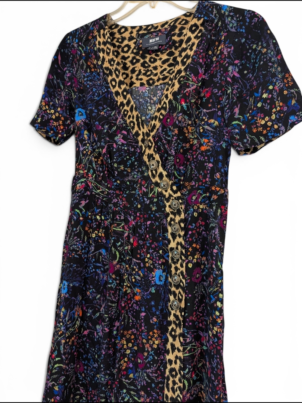 Maeve Black Floral Button Up Midi Dress with Leopard-Print Trim Size 0